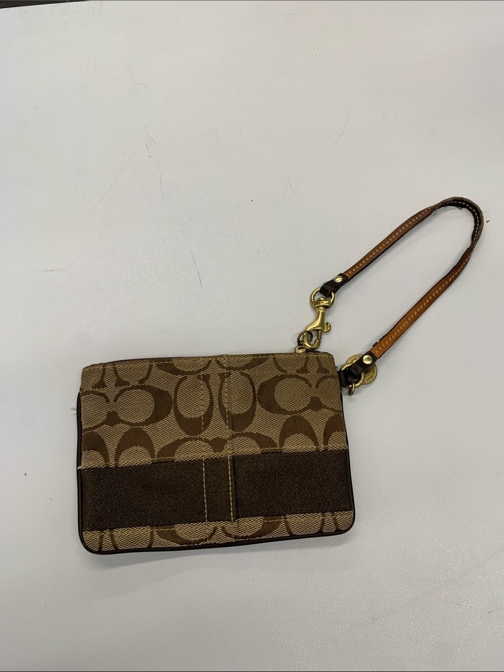 Coach Brown Signature Canvas Wristlet with Tan Leather Strap